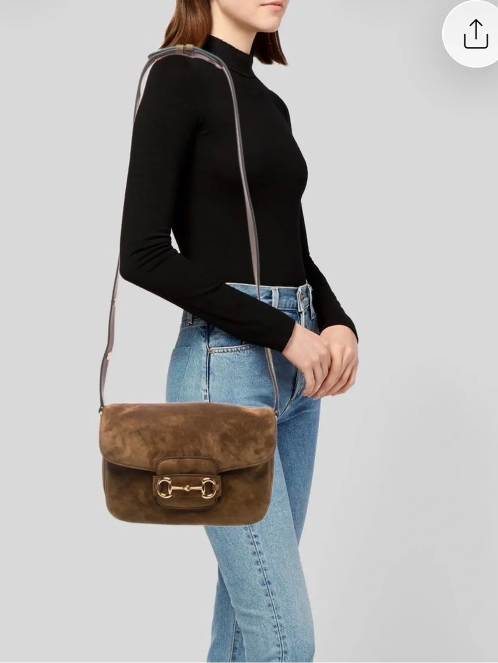 Gucci Brown Suede Horsebit 1955 Aura Shoulder Bag with Gold Hardware